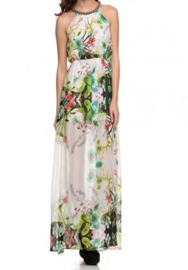 Bejeweled Neckline Tropical Print Maxi Dress