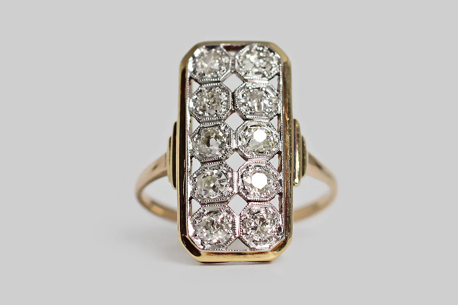 Belle Époque Era Ten Diamond Panel Ring in 14k Gold & Platinum