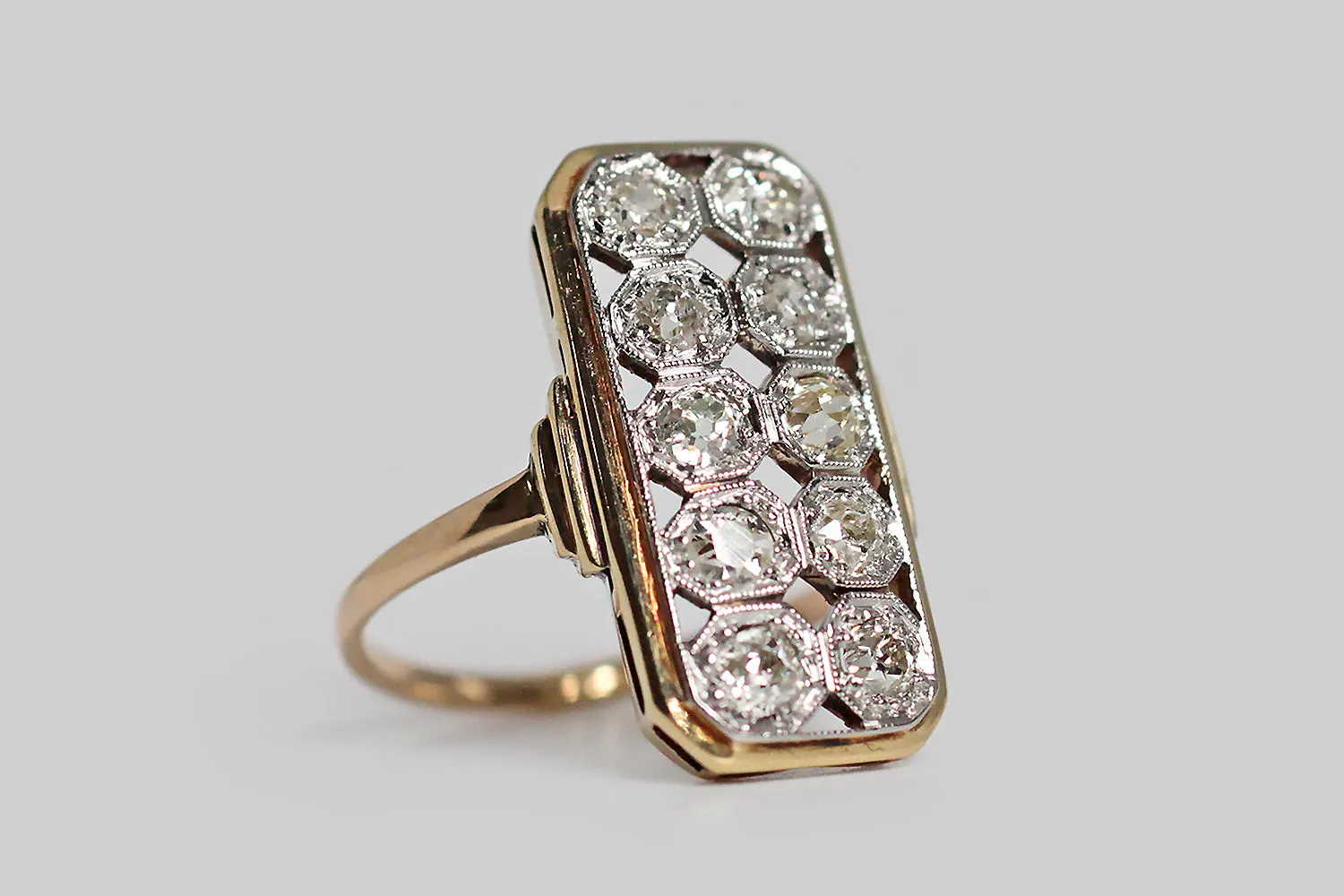 Belle Époque Era Ten Diamond Panel Ring in 14k Gold & Platinum