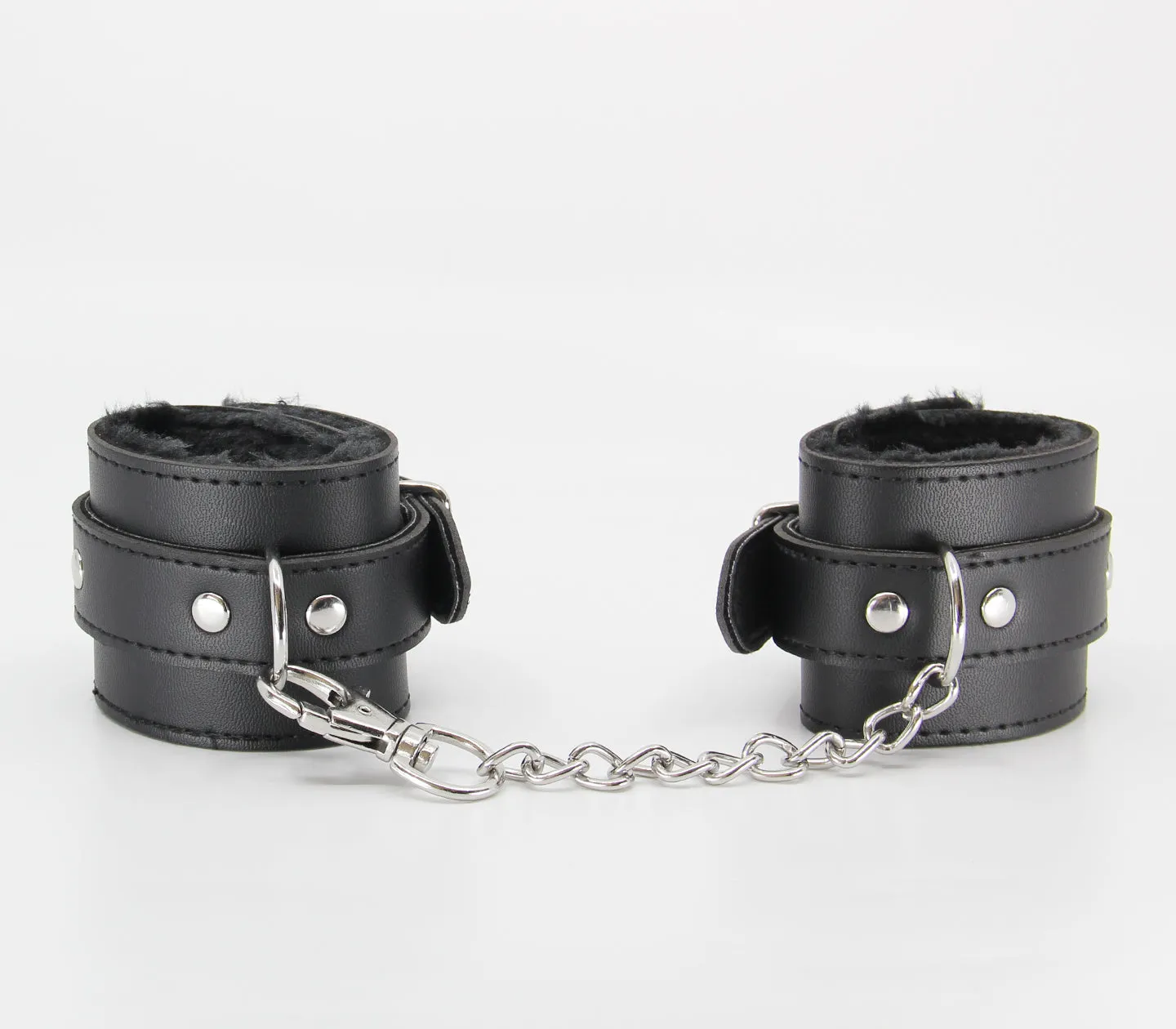 Berlin Baby Faux Fur Lined Vegan Leatherette Adjustable Wrist Restraints with Detachable Chain Join Black and Silver