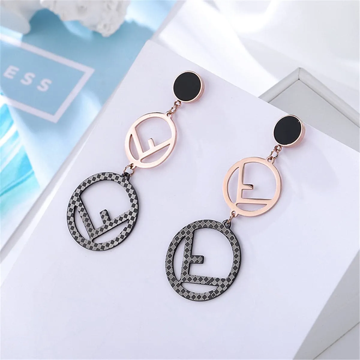 Black & 18K Rose Gold-Plated 'F' Openwork Drop Earrings