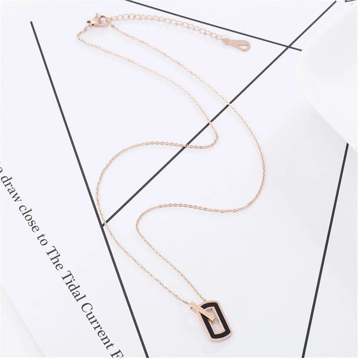 Black & 18K Rose Gold-Plated Openwork Rectangle Pendant Necklace