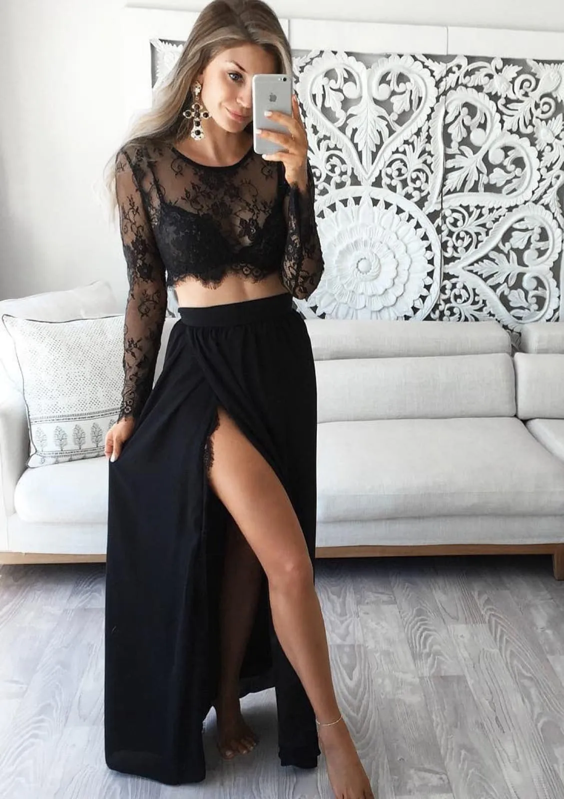 Black Illusion Lace Bra Ankle Length Wrap Slit Chiffon Skirt Two-piece Set