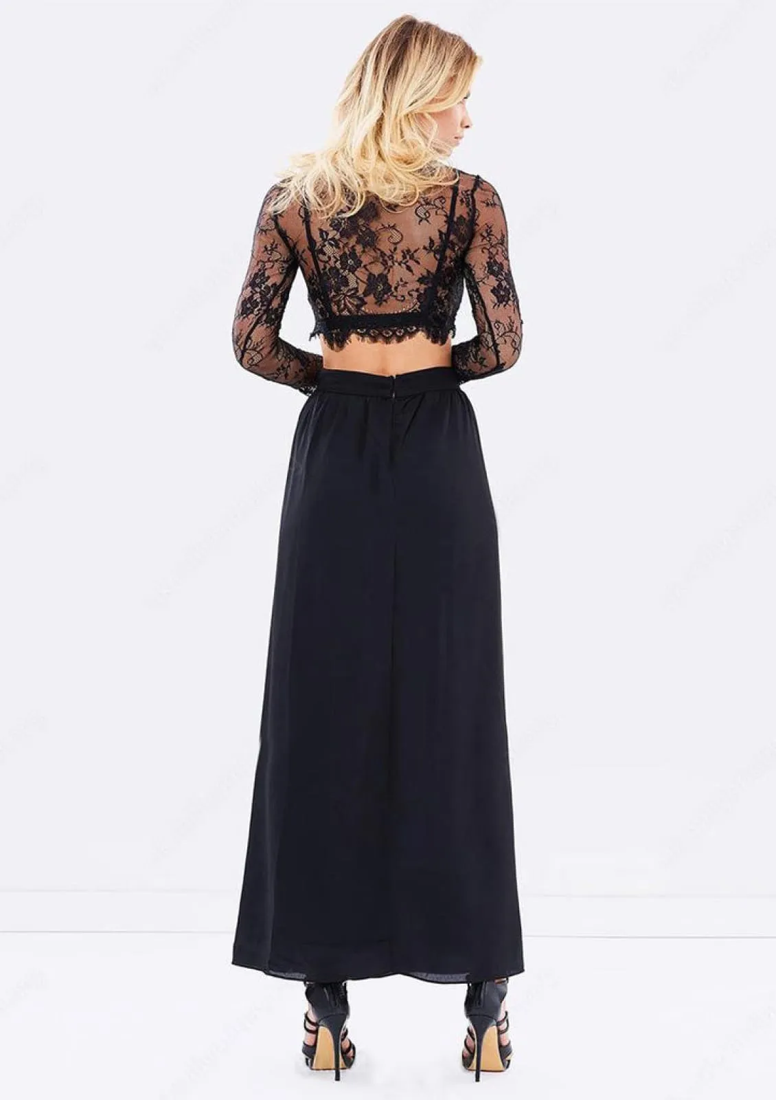 Black Illusion Lace Bra Ankle Length Wrap Slit Chiffon Skirt Two-piece Set