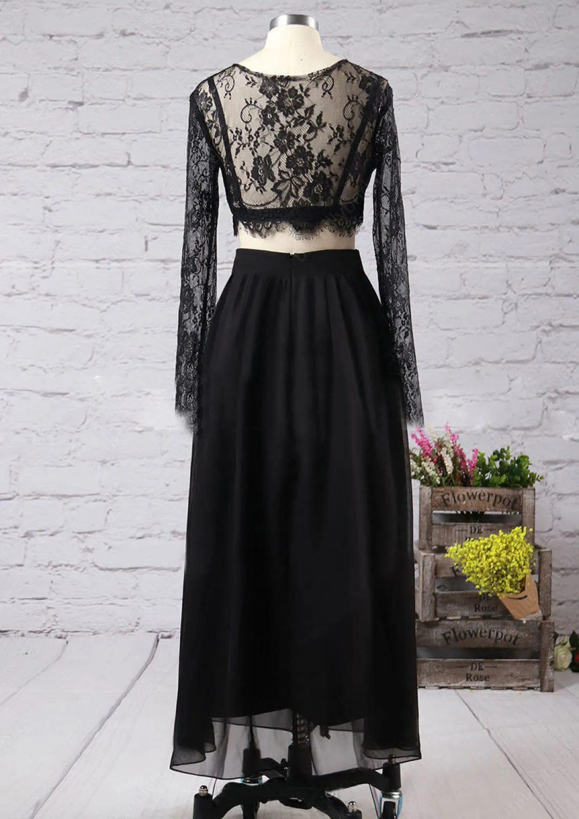 Black Illusion Lace Bra Ankle Length Wrap Slit Chiffon Skirt Two-piece Set
