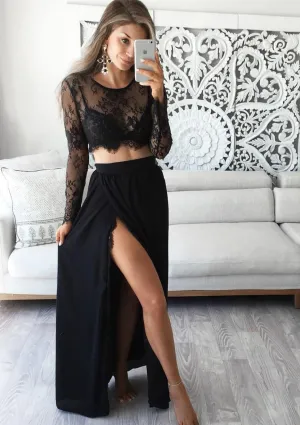 Black Illusion Lace Bra Ankle Length Wrap Slit Chiffon Skirt Two-piece Set