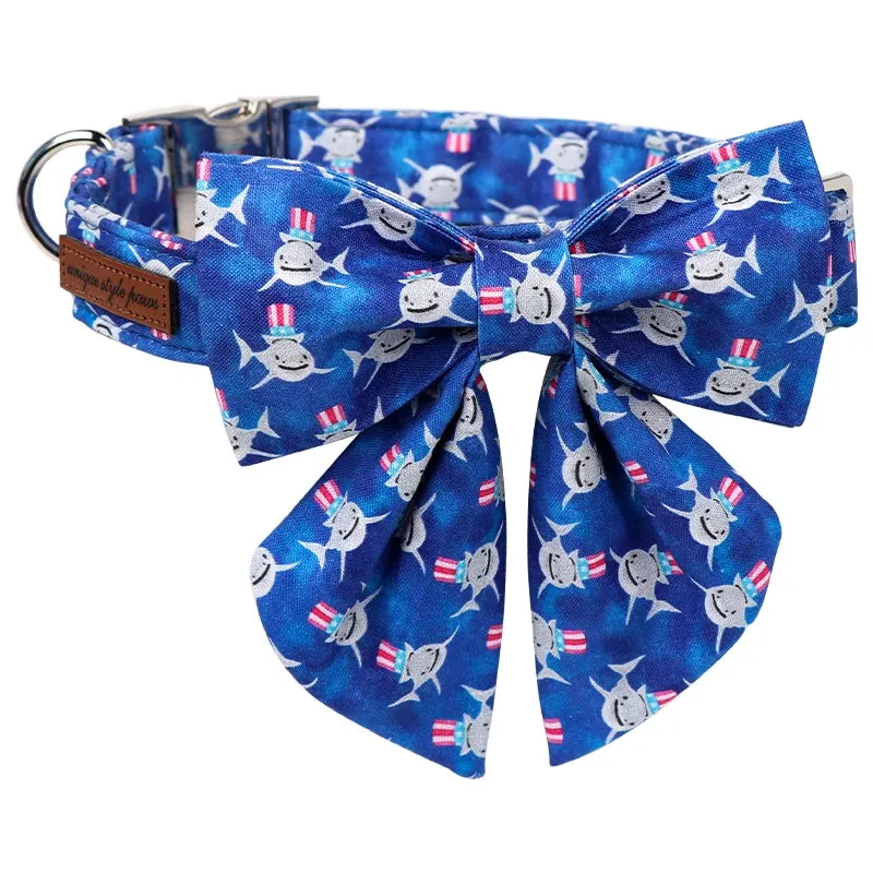 Blue Shark Print Personalized Dog Collar with Bowtie Butterfly Flower  for Summer | Unique and Adorable Pet Accessory