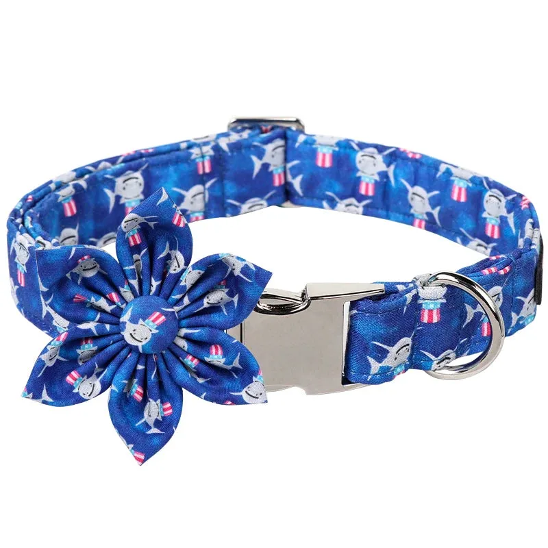 Blue Shark Print Personalized Dog Collar with Bowtie Butterfly Flower  for Summer | Unique and Adorable Pet Accessory