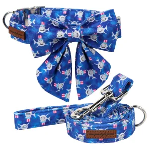 Blue Shark Print Personalized Dog Collar with Bowtie Butterfly Flower  for Summer | Unique and Adorable Pet Accessory