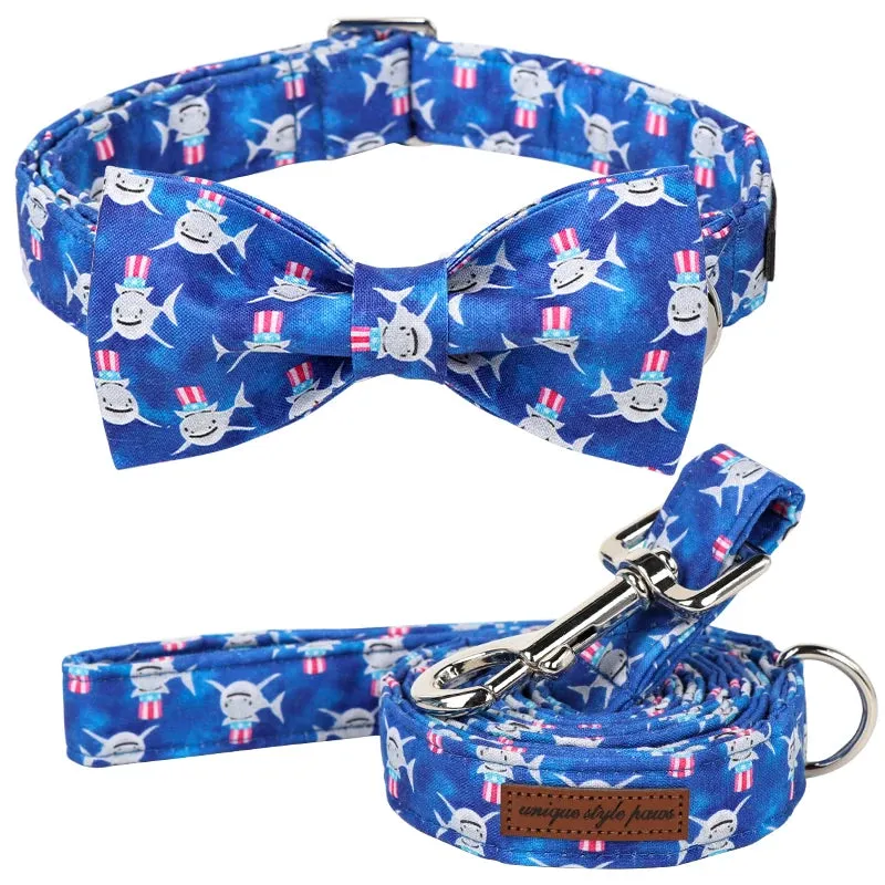 Blue Shark Print Personalized Dog Collar with Bowtie Butterfly Flower  for Summer | Unique and Adorable Pet Accessory