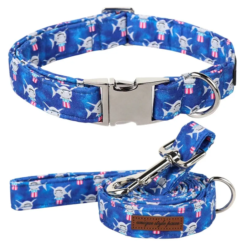 Blue Shark Print Personalized Dog Collar with Bowtie Butterfly Flower  for Summer | Unique and Adorable Pet Accessory