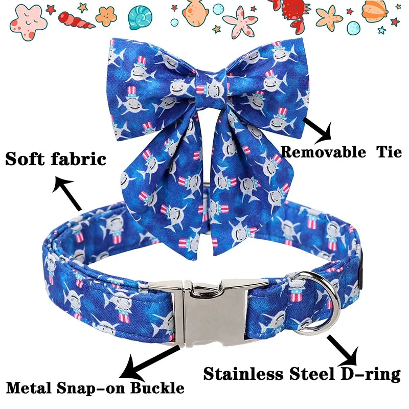 Blue Shark Print Personalized Dog Collar with Bowtie Butterfly Flower  for Summer | Unique and Adorable Pet Accessory