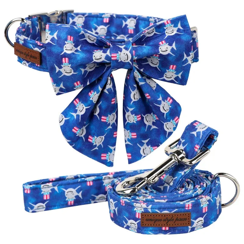 Blue Shark Print Personalized Dog Collar with Bowtie Butterfly Flower  for Summer | Unique and Adorable Pet Accessory