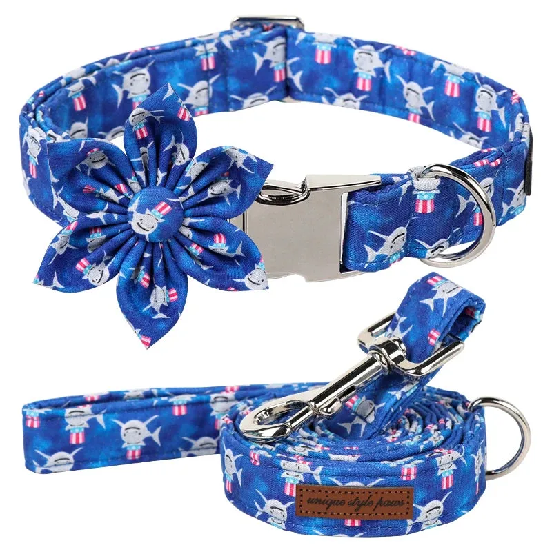 Blue Shark Print Personalized Dog Collar with Bowtie Butterfly Flower  for Summer | Unique and Adorable Pet Accessory