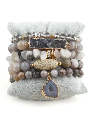 Boho & Mala Grey Stone Mix Elastic Bracelet Stackable Sets BS1012