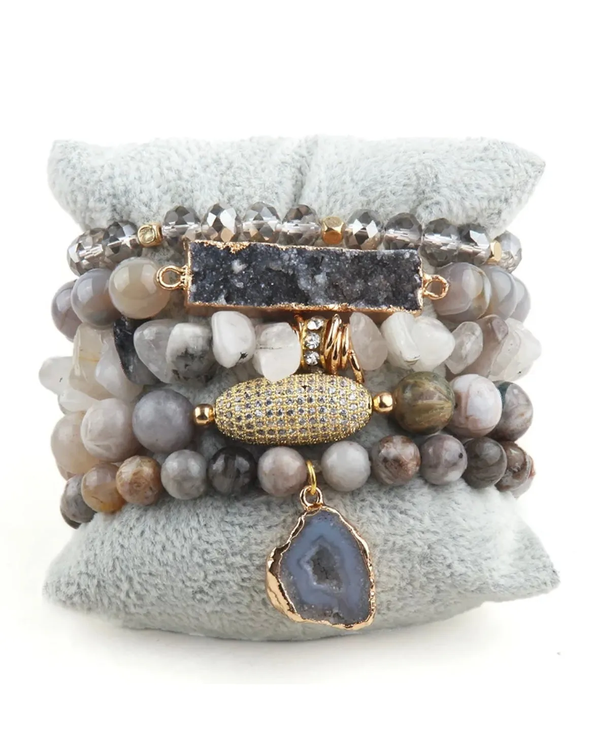 Boho & Mala Grey Stone Mix Elastic Bracelet Stackable Sets BS1012