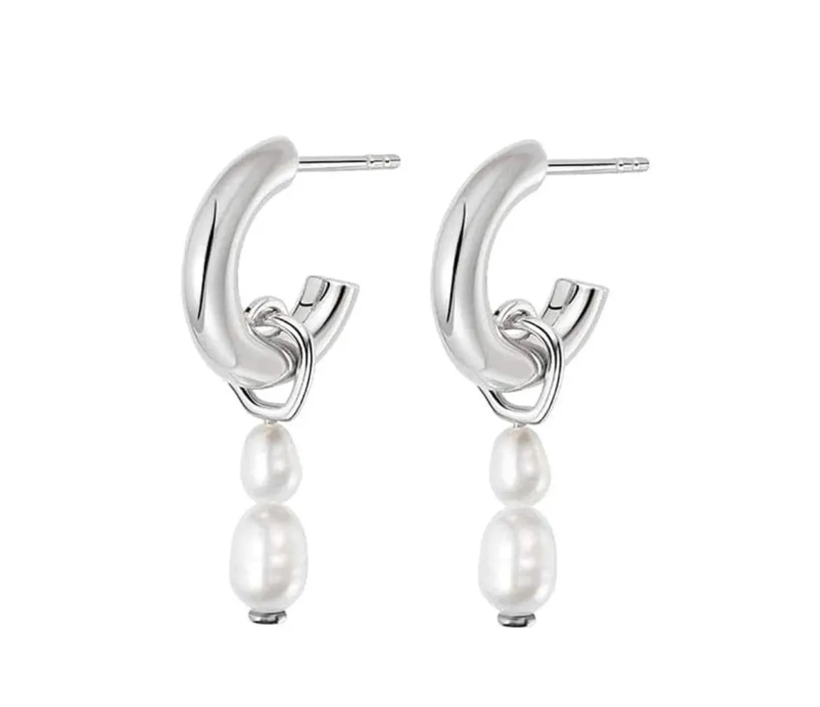Boho & Mala Pearl Sterling Silver Hoop Huggie Earrings