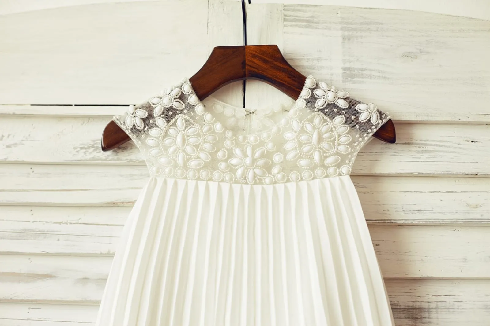 Boho Beach Beaded Ivory/Pink Chiffon Flower Girl Dress