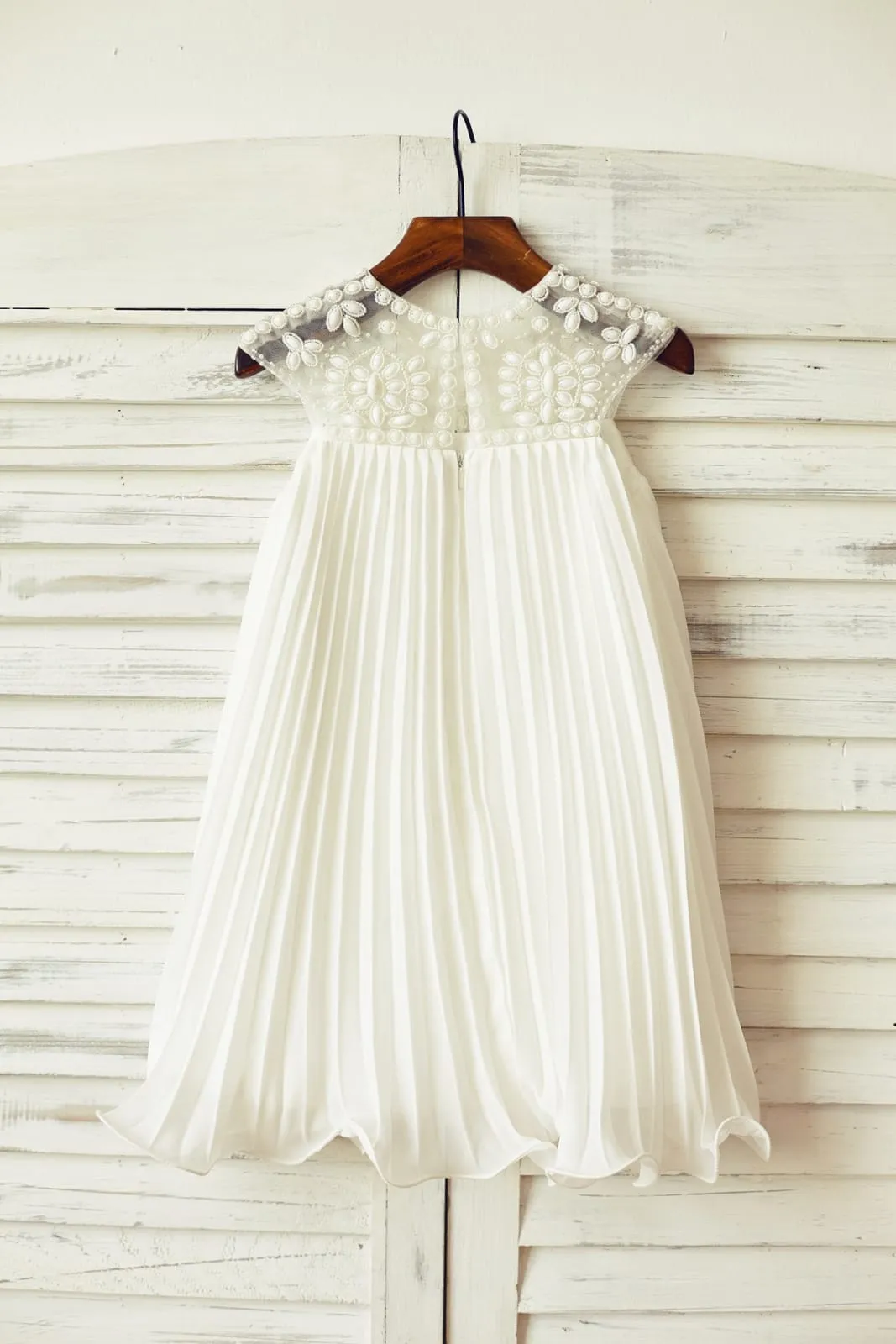 Boho Beach Beaded Ivory/Pink Chiffon Flower Girl Dress
