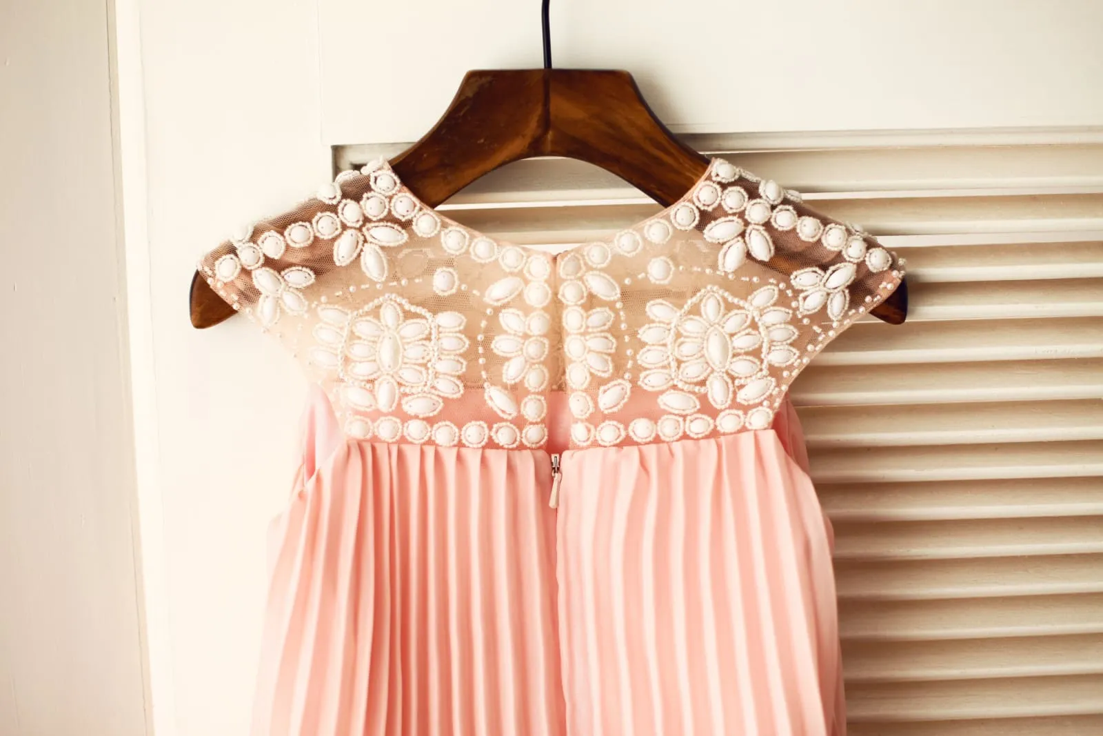 Boho Beach Beaded Ivory/Pink Chiffon Flower Girl Dress