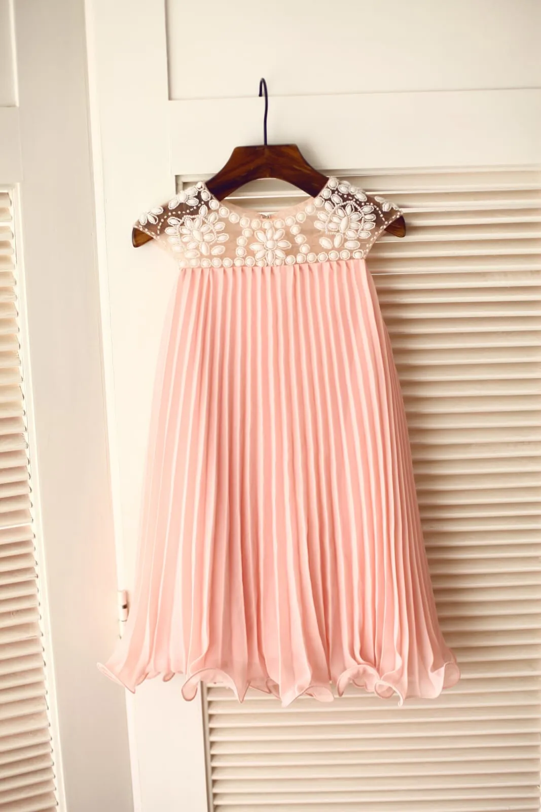 Boho Beach Beaded Ivory/Pink Chiffon Flower Girl Dress
