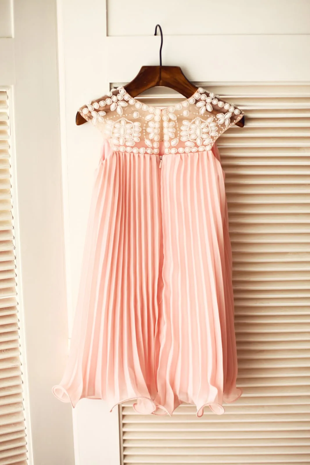 Boho Beach Beaded Ivory/Pink Chiffon Flower Girl Dress