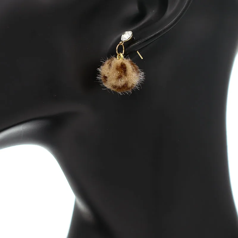 Brown Leopard Print Pom Pom Fur Ball Mini Earrings