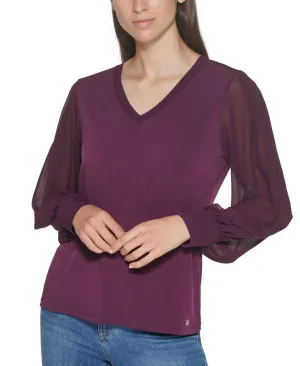 Calvin Klein Womens Chiffon Sleeve V-Neck Top M1VH7090