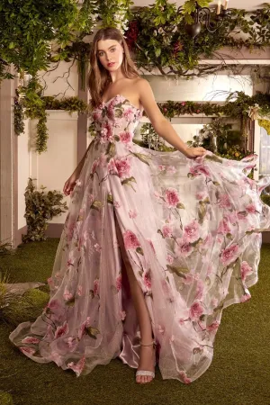 CD A1035 - Rose Printed 3D Floral Organza Prom Gown with Sheer Boned Corset Bodice & Leg Slit