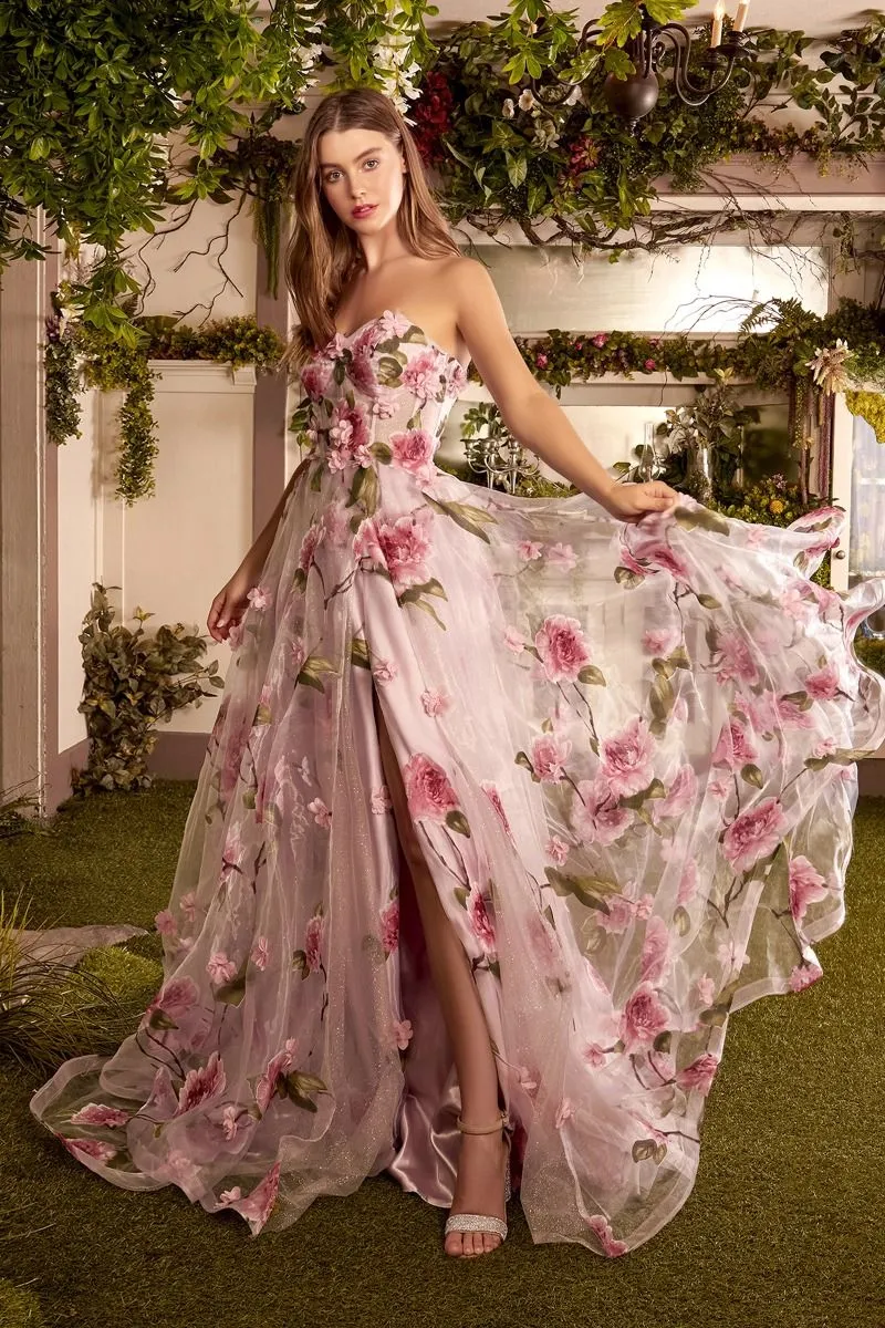 CD A1035 - Rose Printed 3D Floral Organza Prom Gown with Sheer Boned Corset Bodice & Leg Slit