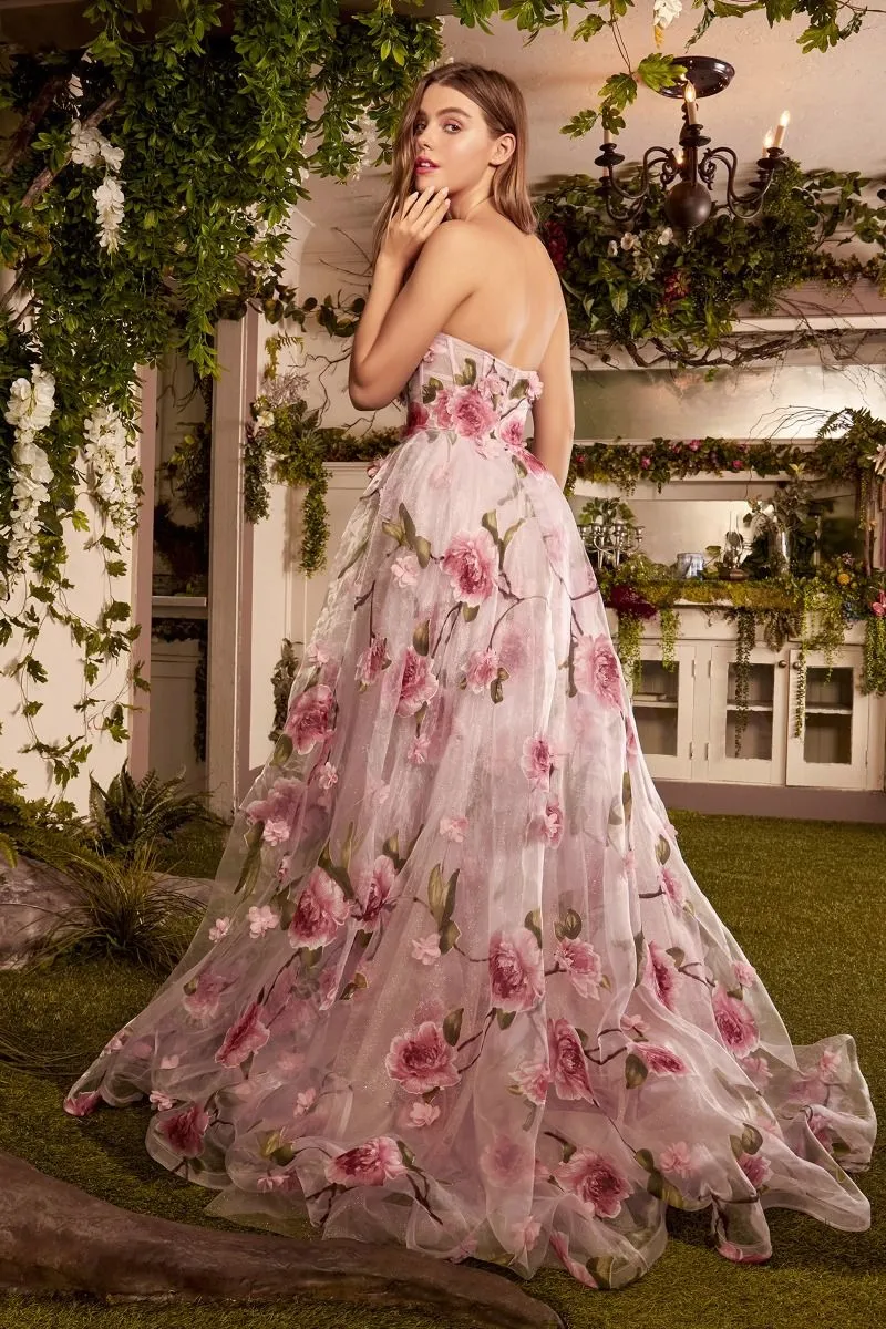 CD A1035 - Rose Printed 3D Floral Organza Prom Gown with Sheer Boned Corset Bodice & Leg Slit