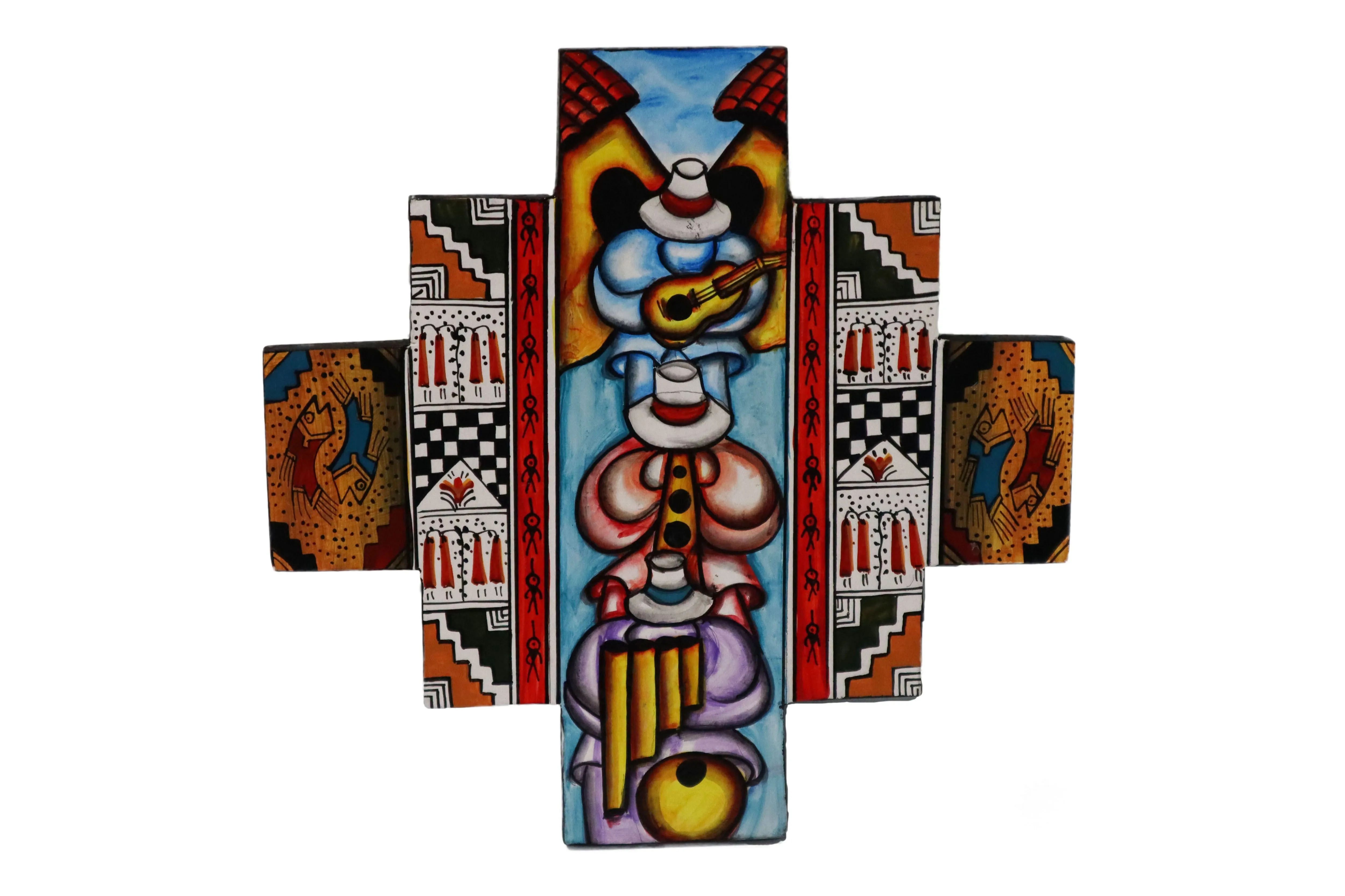 Chakana or Inca Cross Wooden Wall Hanging "Folk Musicians"