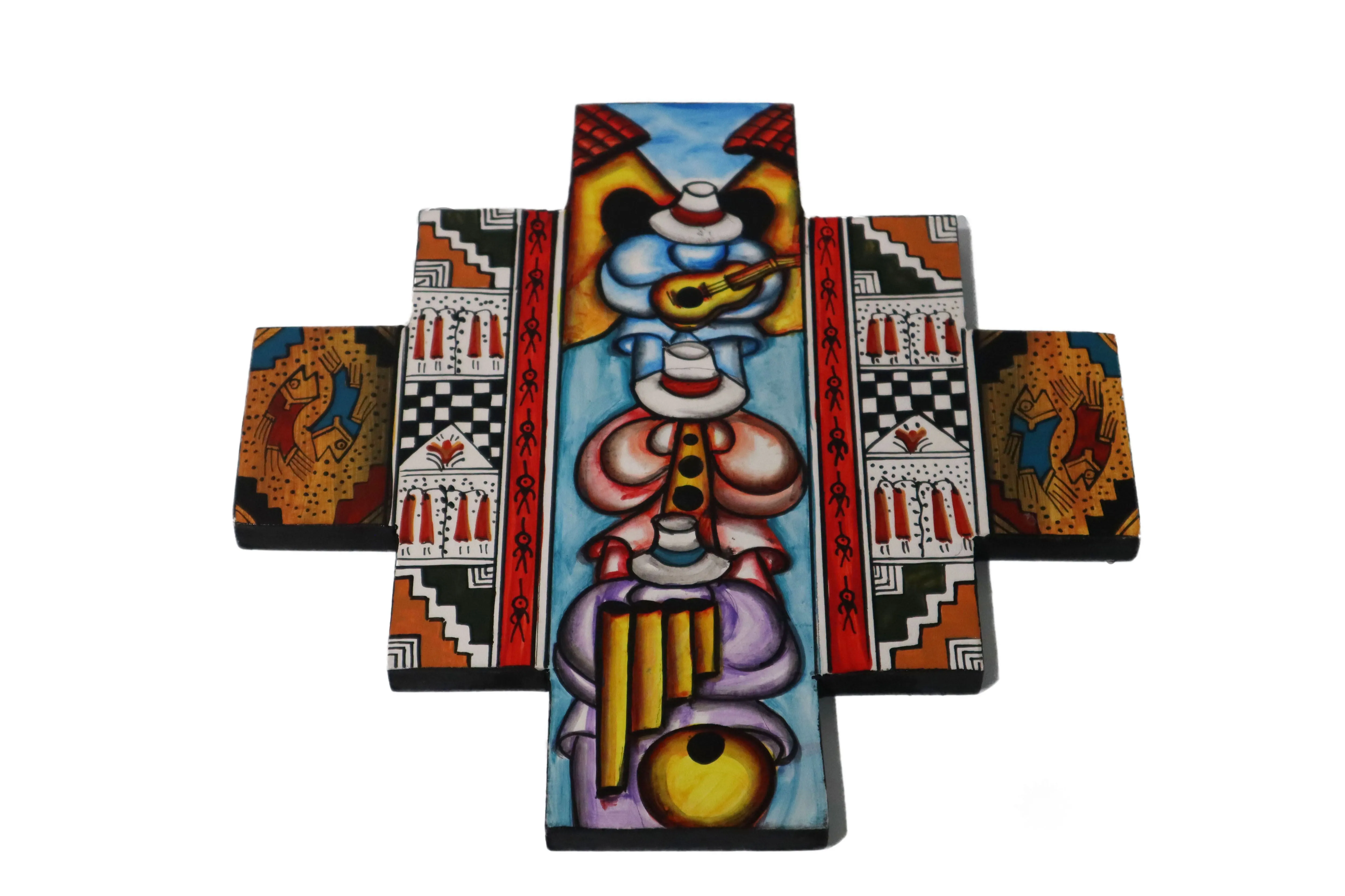 Chakana or Inca Cross Wooden Wall Hanging "Folk Musicians"