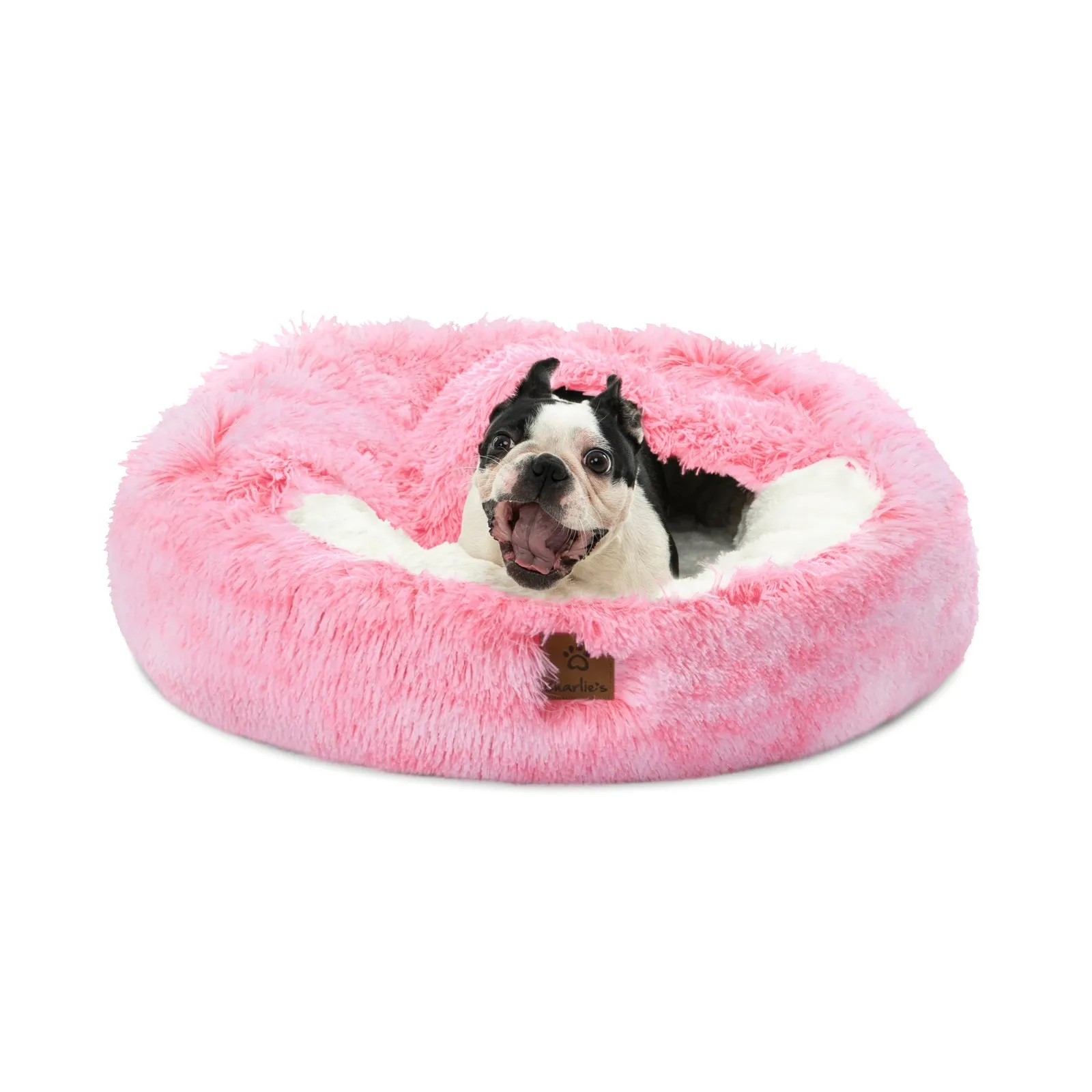 Charlie's Snookie Hooded Faux Fur Calming Dog Bed Ombre Pink Medium