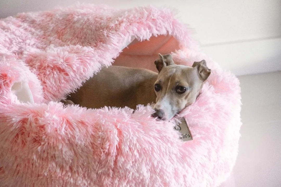 Charlie's Snookie Hooded Faux Fur Calming Dog Bed Ombre Pink Medium