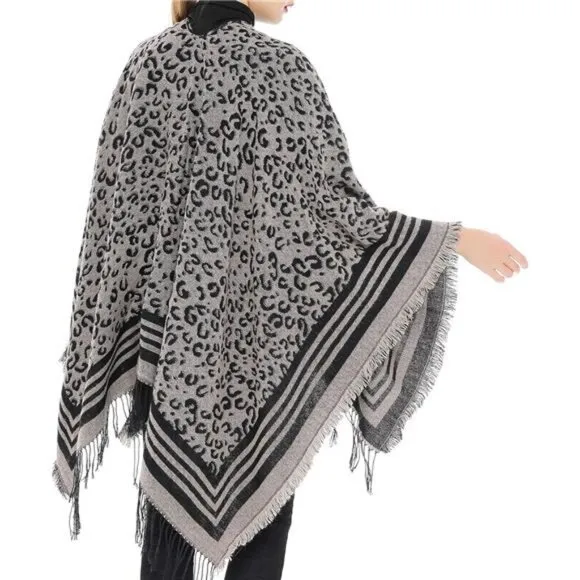 Cheetah Printed Blanket Shawls Poncho Winter Open Front Wrap Cape Cardigan Scarf