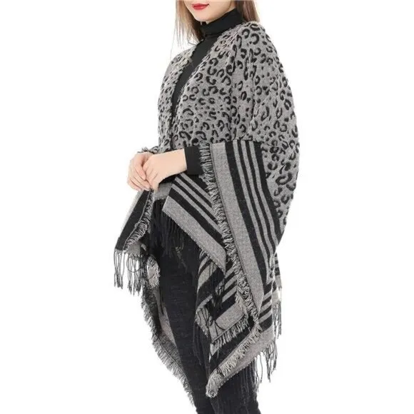 Cheetah Printed Blanket Shawls Poncho Winter Open Front Wrap Cape Cardigan Scarf