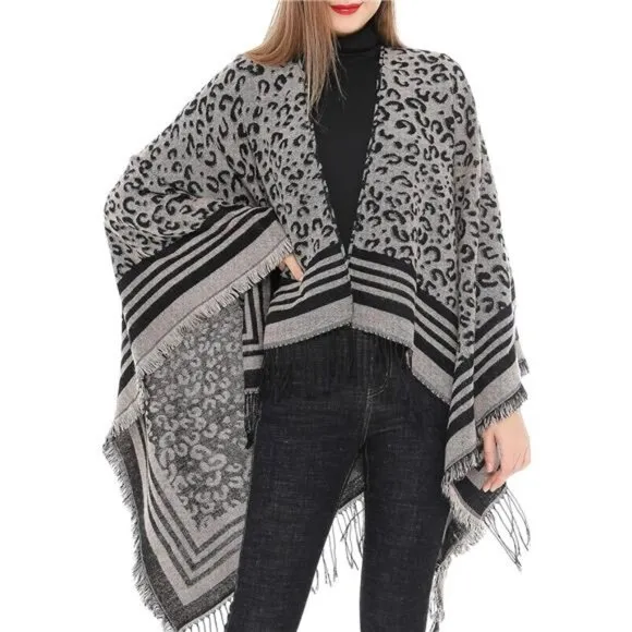 Cheetah Printed Blanket Shawls Poncho Winter Open Front Wrap Cape Cardigan Scarf