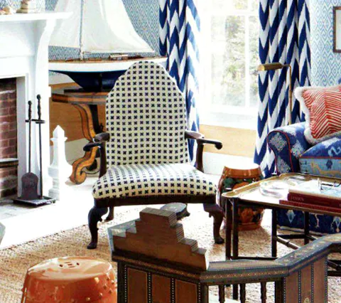 China Seas Fabric: Cross Check - Custom Pacific Blue on Tinted Belgian Linen / Cotton