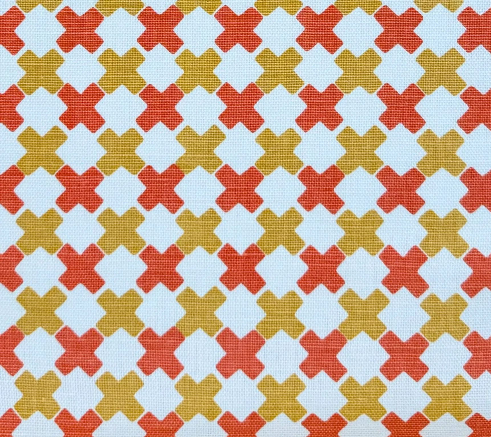 China Seas Fabric: Double Cross Multi - Custom Inca Gold / New Shrimp on Tinted Belgian Linen/Cotton
