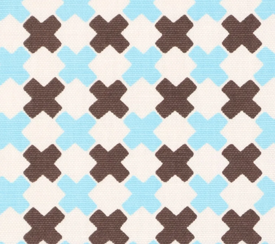 China Seas Fabric: Double Cross Multi - Custom New Blue / Brown on White Belgian Linen/Cotton