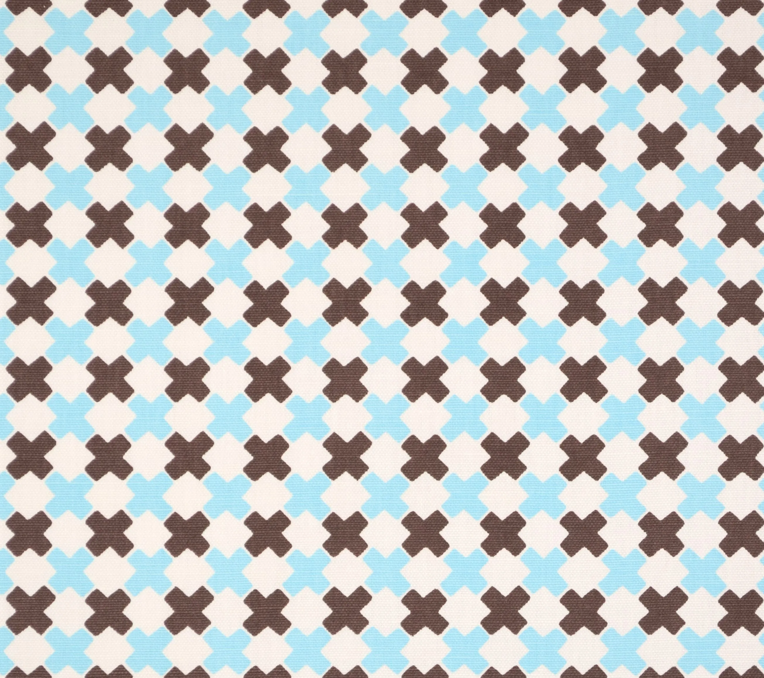 China Seas Fabric: Double Cross Multi - Custom New Blue / Brown on White Belgian Linen/Cotton
