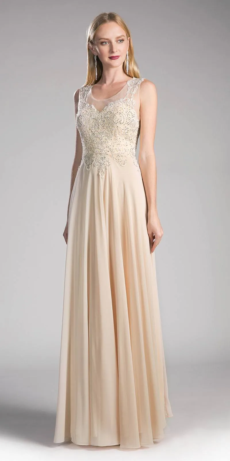 Cinderella Divine 2635 A-Line Chiffon Gown Lace Embellished Bodice
