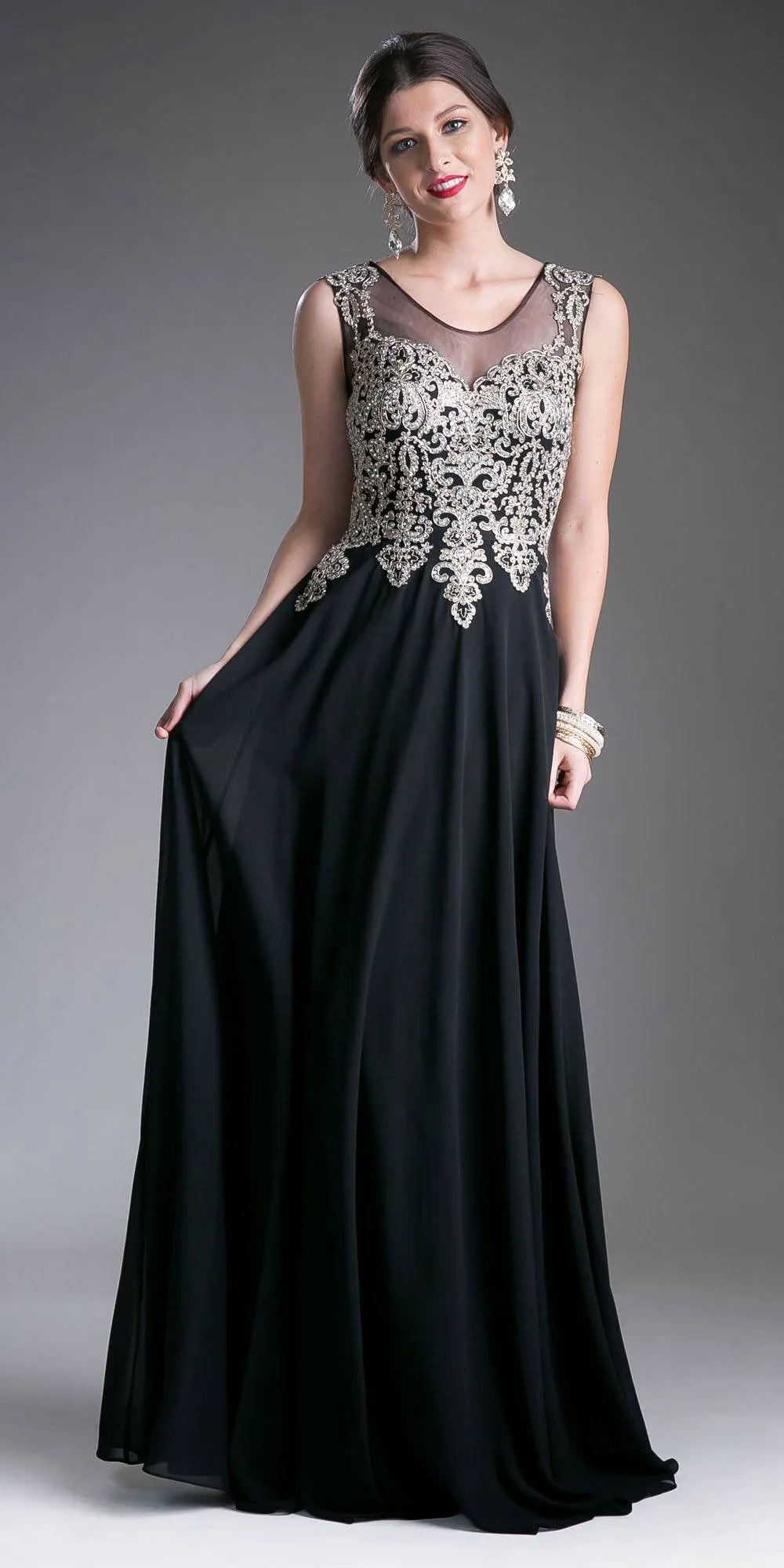 Cinderella Divine 2635 A-Line Chiffon Gown Lace Embellished Bodice