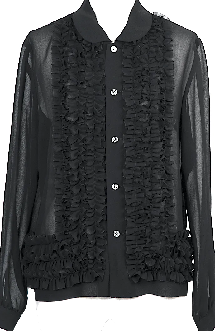 COMME des GARCONS JAPAN. Black Frill Semi-Sheer Chiffon Blouse