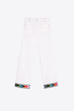 DORIN TRIBAL EMBROIDERED HEM WHITE TROUSERS