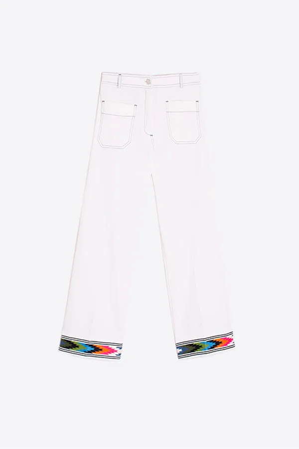 DORIN TRIBAL EMBROIDERED HEM WHITE TROUSERS