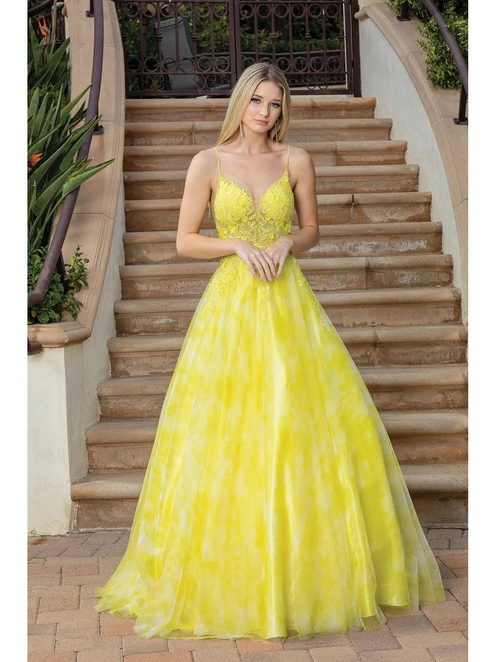 DQ 4320 - Printed Organza A-Line Prom Gown with Sheer 3D Applique Bodice