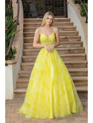 DQ 4320 - Printed Organza A-Line Prom Gown with Sheer 3D Applique Bodice