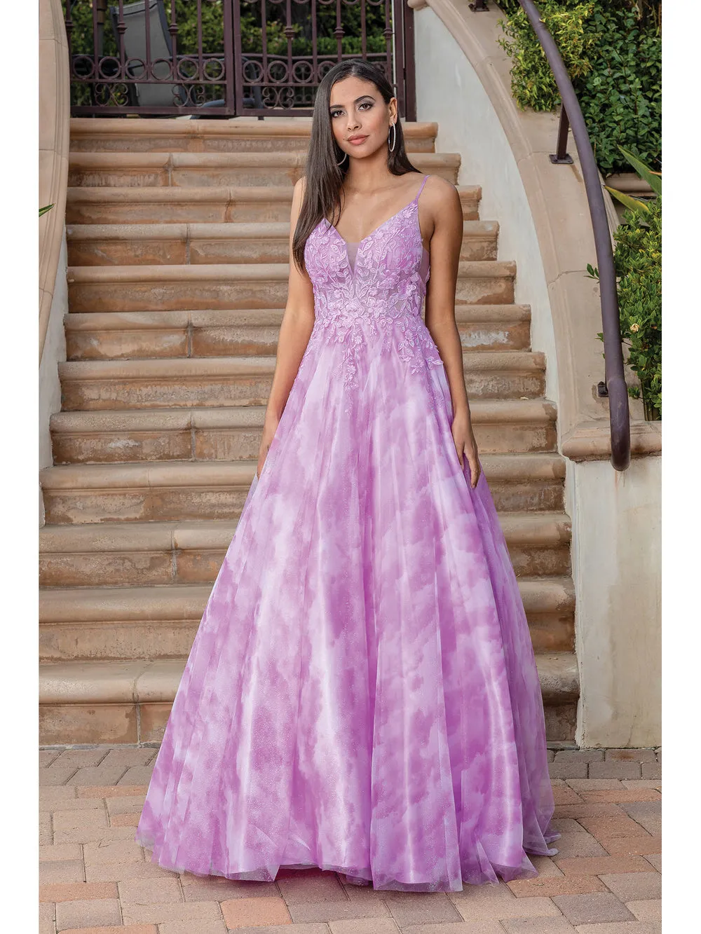 DQ 4320 - Printed Organza A-Line Prom Gown with Sheer 3D Applique Bodice